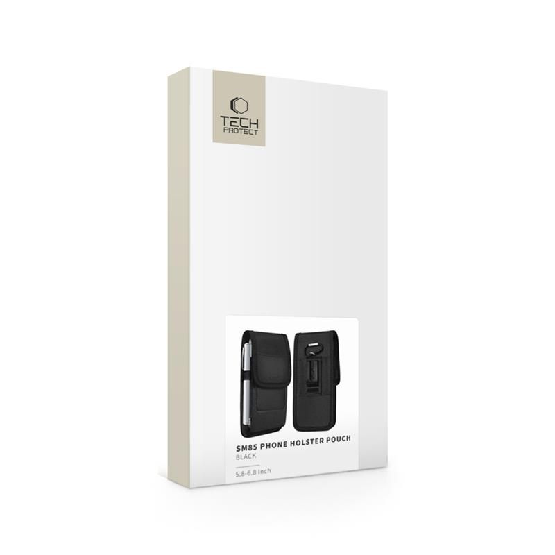 Weiße Tech-Protect-Produktverpackung mit Abbildung einer schwarzen Smartphone-Holstertasche.