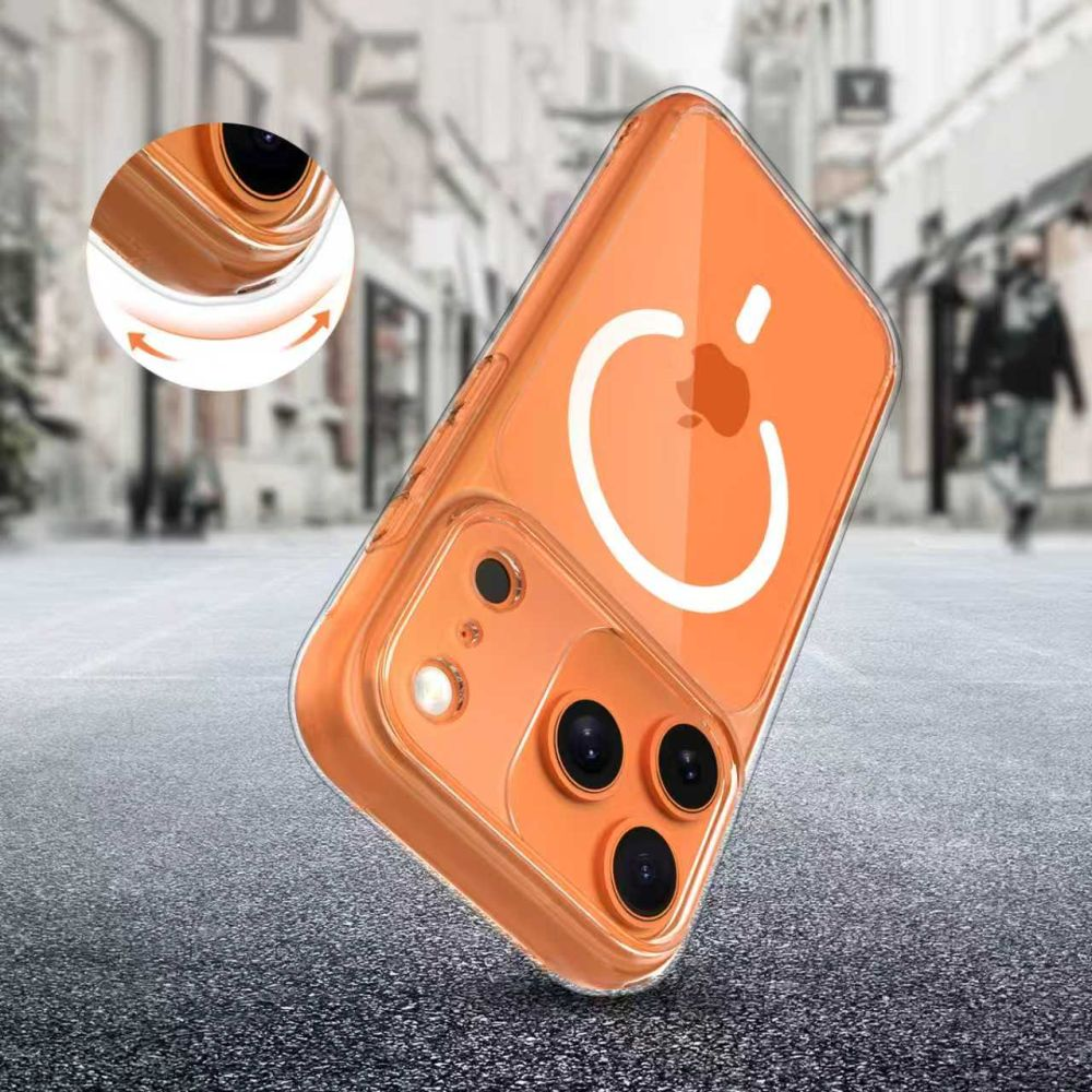 Eine orangefarbene iPhone-Hülle mit MagSafe steht schräg auf der Straße, ein Inset zeigt die flexible Ecke.