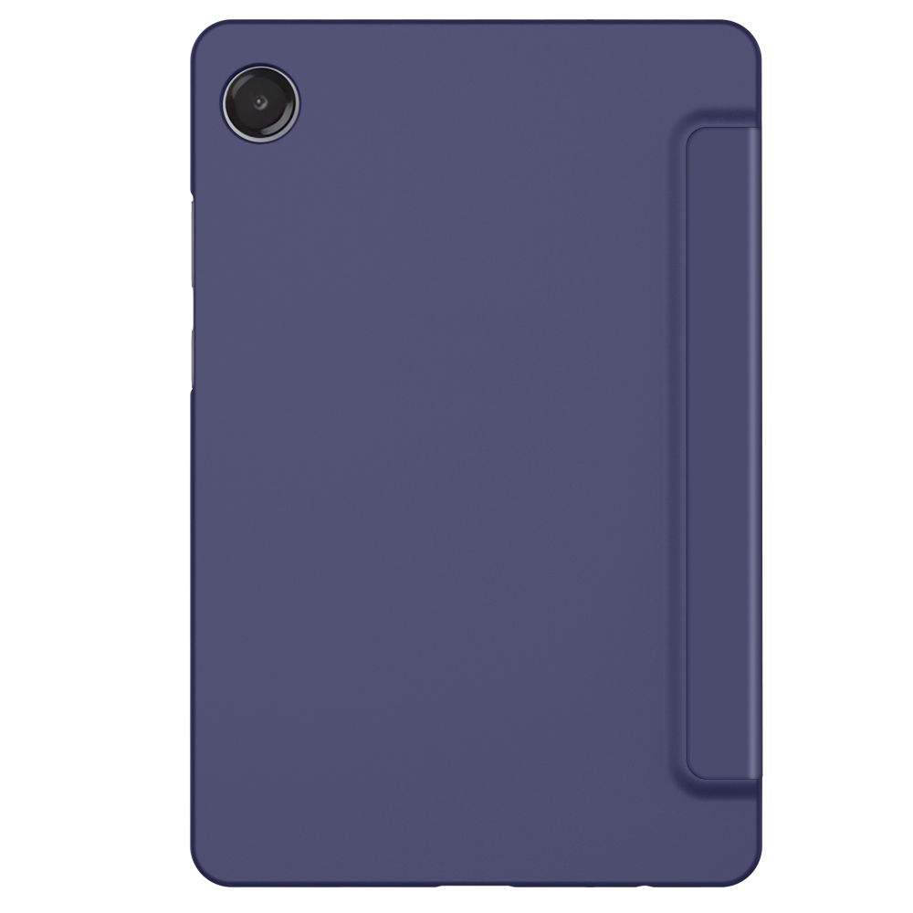 Retro di una custodia per tablet blu con ritaglio per fotocamera.
