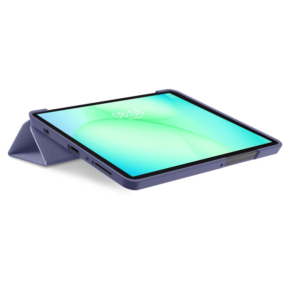 Un tablet viola in una custodia protettiva si trova su una superficie bianca con uno schermo azzurro.