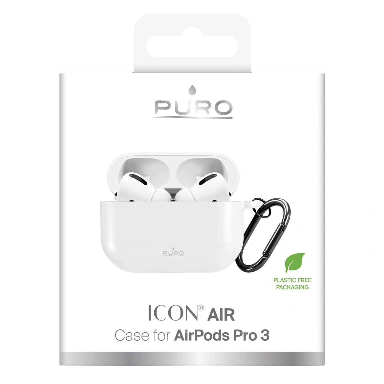 Funda blanca PURO Icon Air para AirPods Pro 3 en empaque con mosquetón.