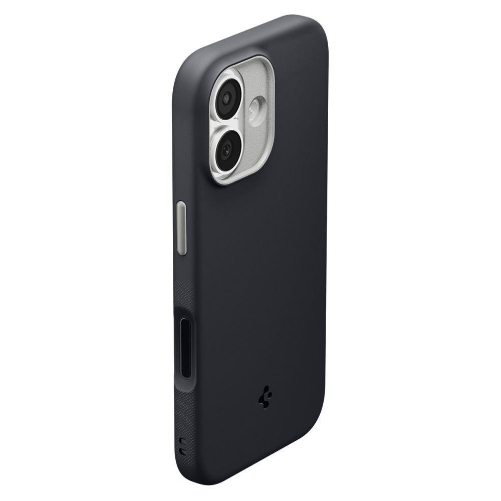 Custodia per smartphone nera con due aperture per fotocamera e dettagli argentati.