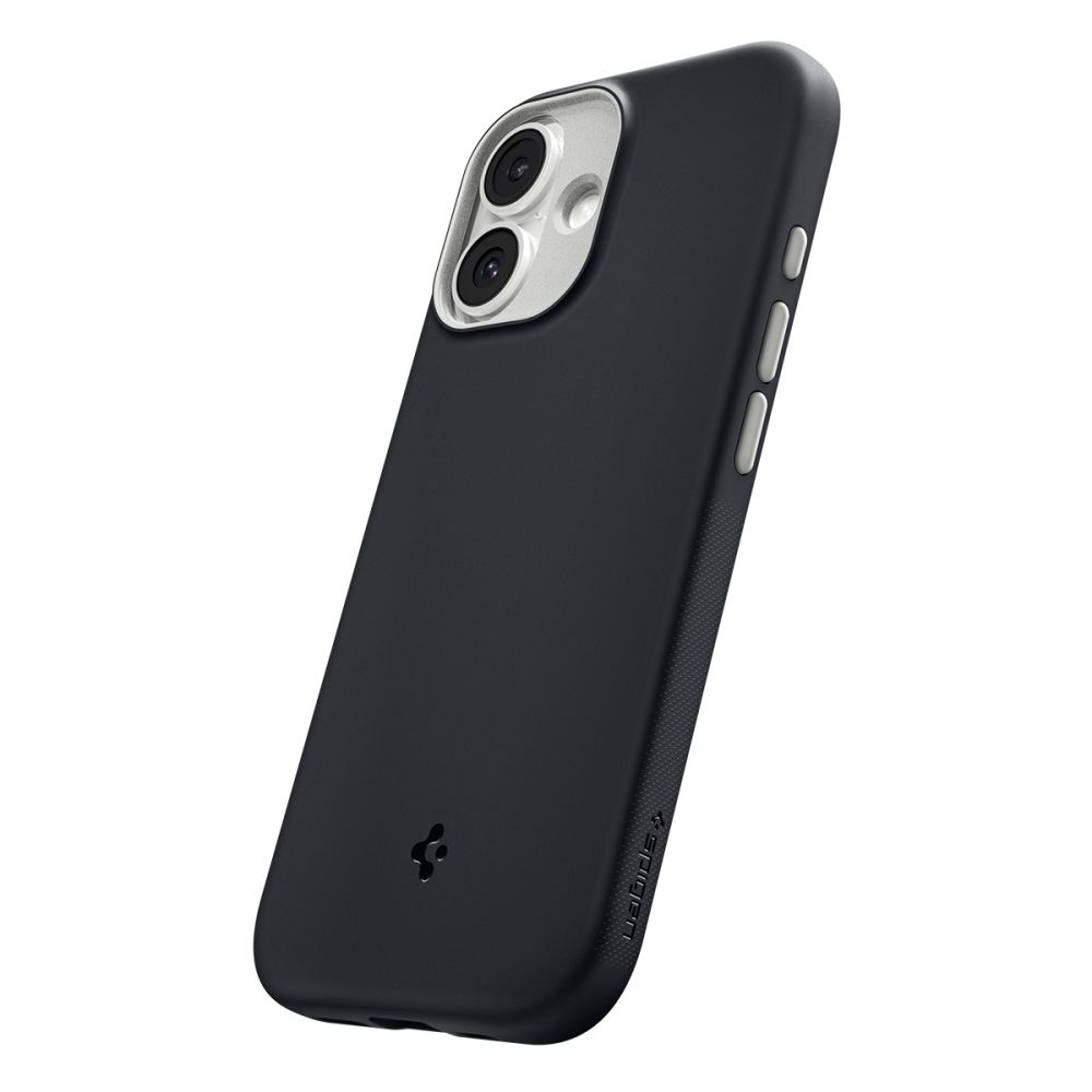Una custodia per smartphone nero opaco con cornice della fotocamera argentata e tasti laterali su sfondo bianco.