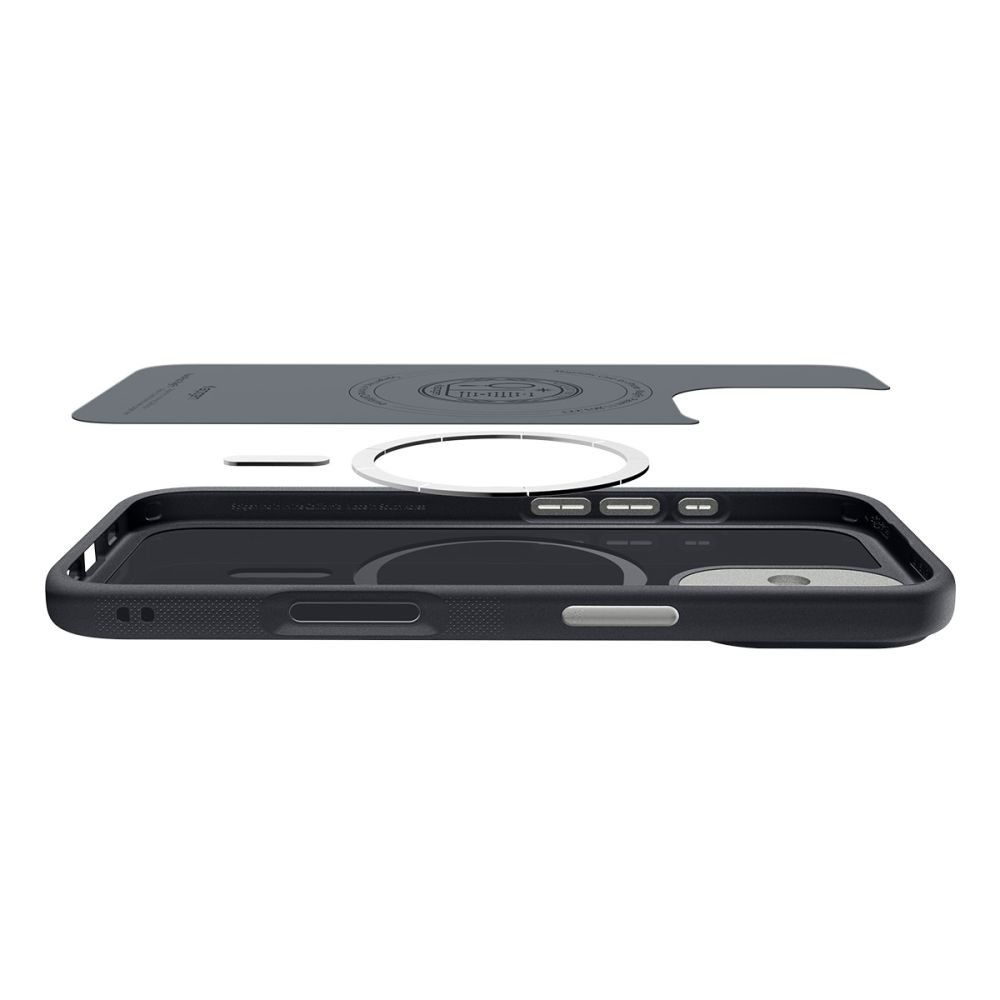 Vista esplosa di una custodia per smartphone nera con anello magnetico interno.