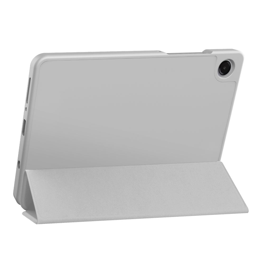 Vista posteriore di un tablet grigio in una custodia pieghevole grigia, posizionato su una superficie bianca.