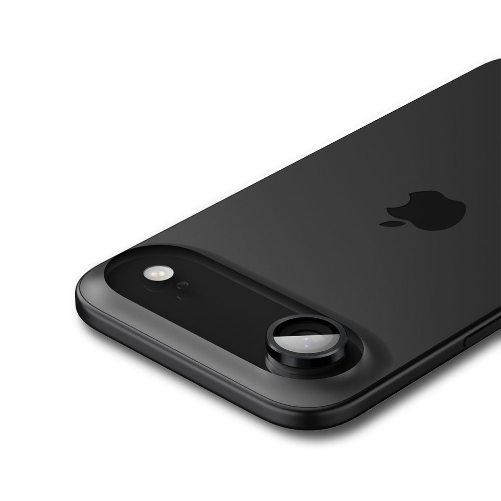 Primo piano del retro di uno smartphone nero con doppia fotocamera e logo Apple su sfondo bianco.