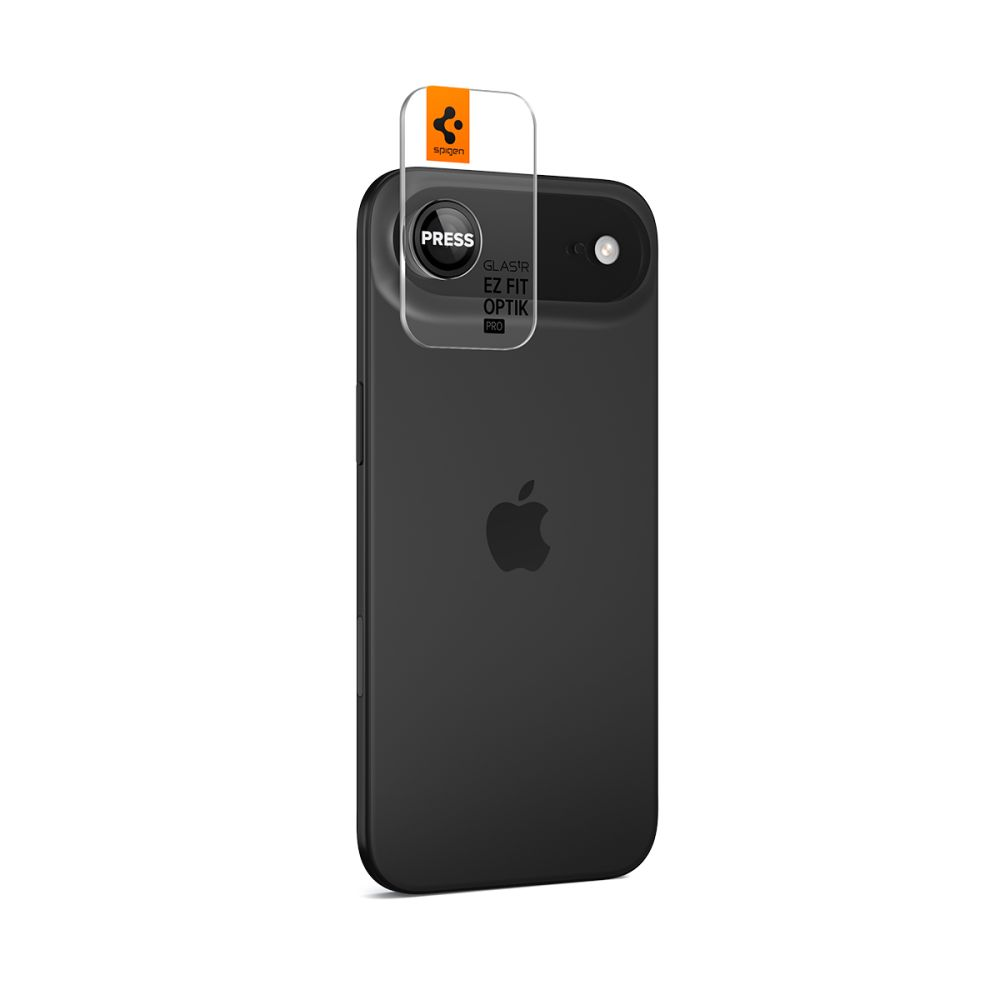 Uno smartphone nero con una protezione per obiettivo fotografico Spigen Glas'tR EZ Fit Optik Pro.