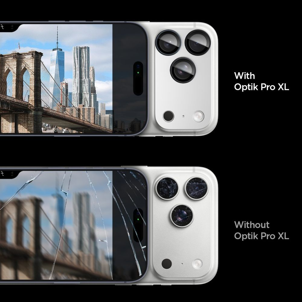 Confronto di uno smartphone con e senza Optik Pro XL, mostrando uno schermo chiaro rispetto a uno rotto.