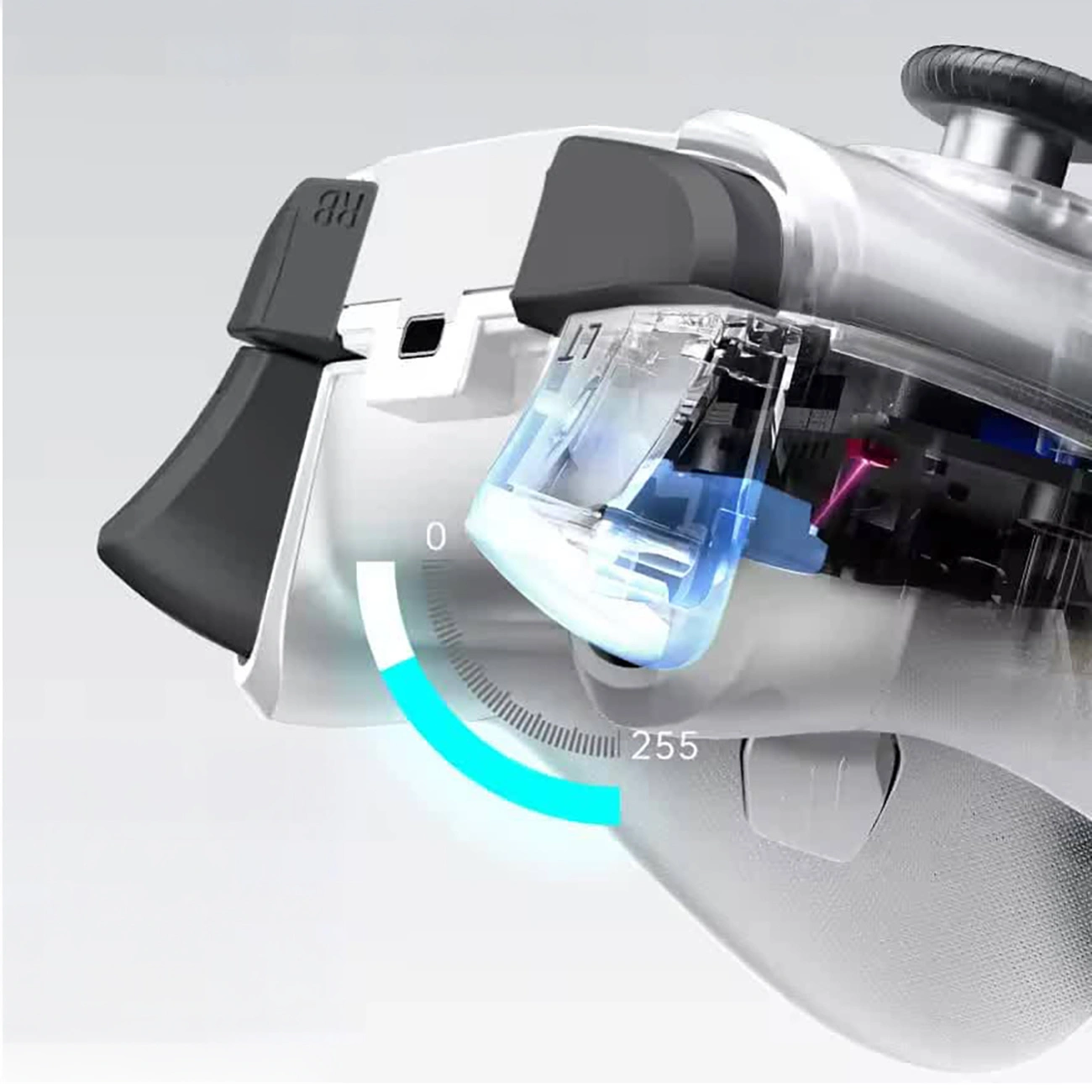 Nahaufnahme eines Gaming-Controllers, der das innere mechanische Design der Schultertasten und Auslöser zeigt.