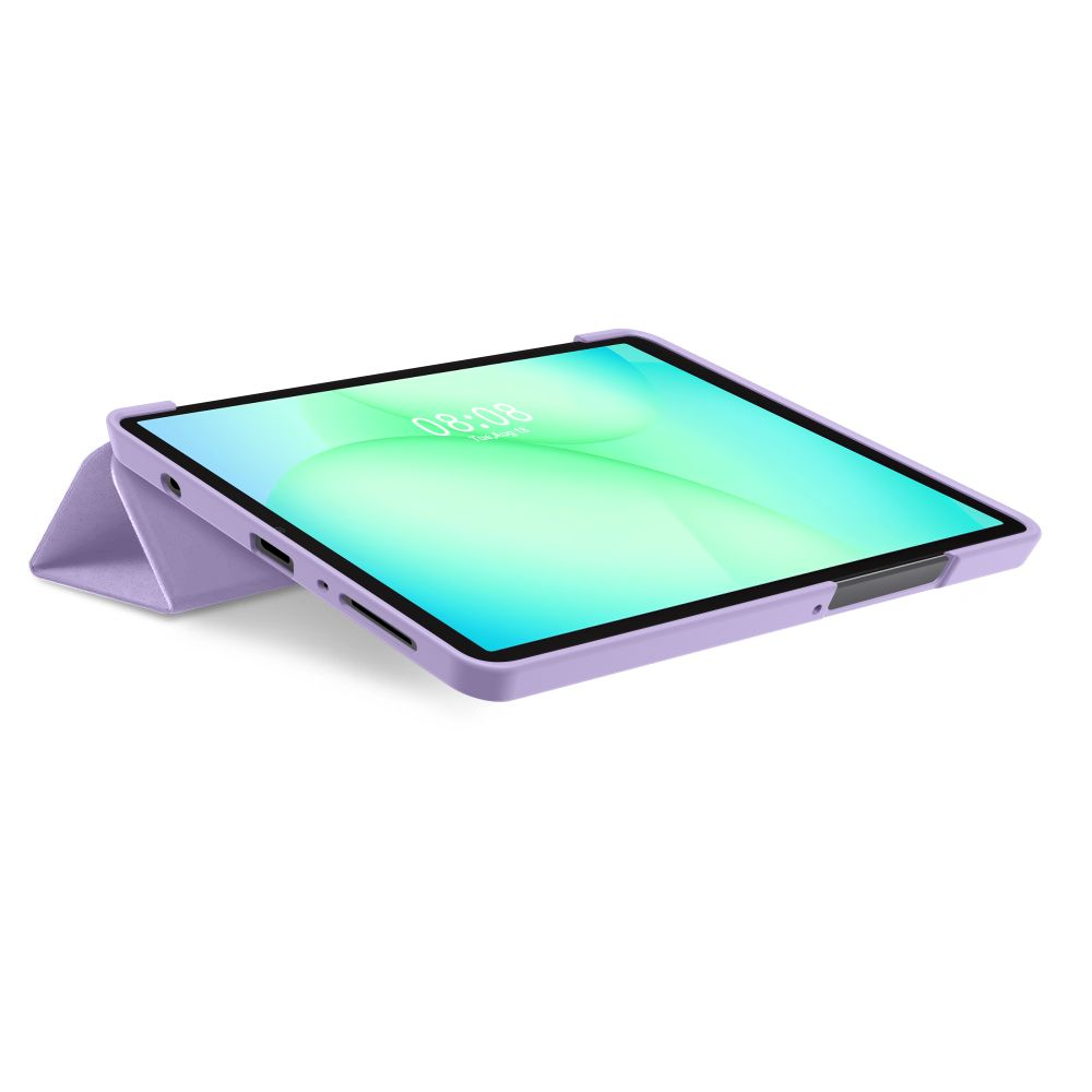 Un tablet viola in una custodia protettiva su sfondo bianco con schermo verdognolo.