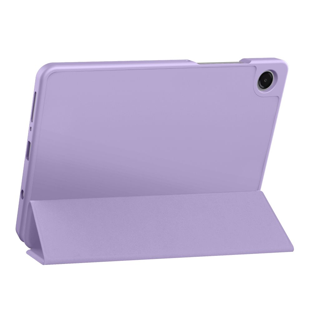 Tablet viola in custodia protettiva posizionato leggermente inclinato su sfondo bianco.