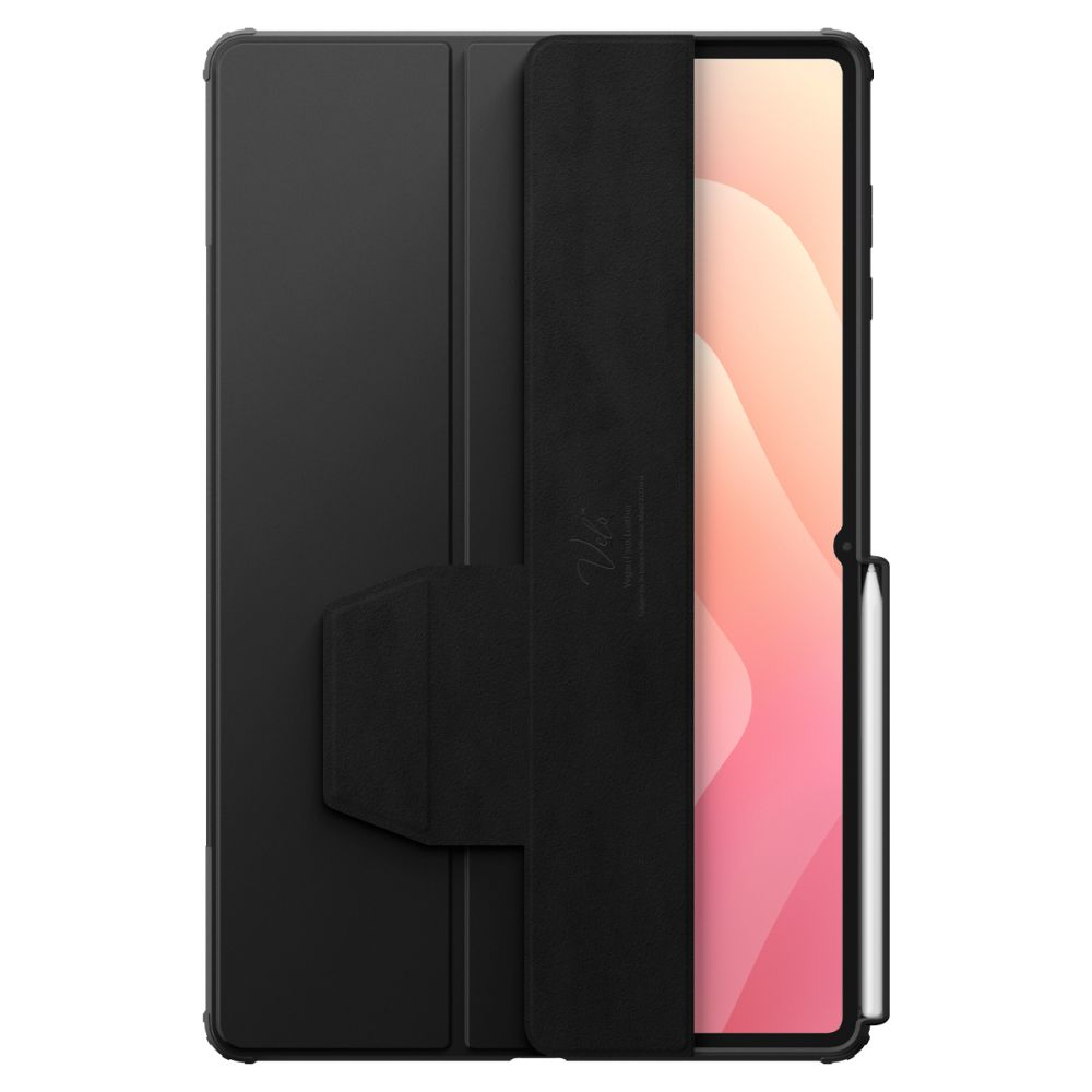 Étui de tablette noir avec porte-stylet intégré et écran rose visible.