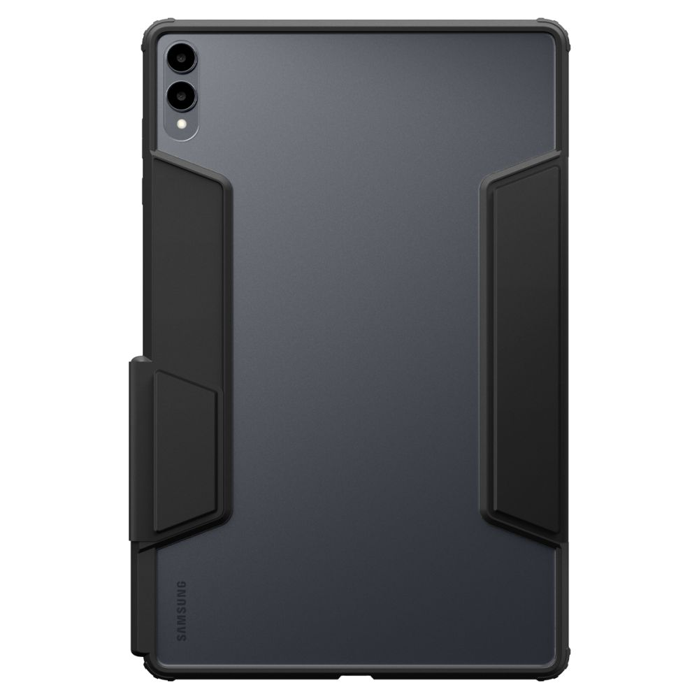 Dos d'une tablette grise dans une coque de protection noire robuste sur fond blanc.