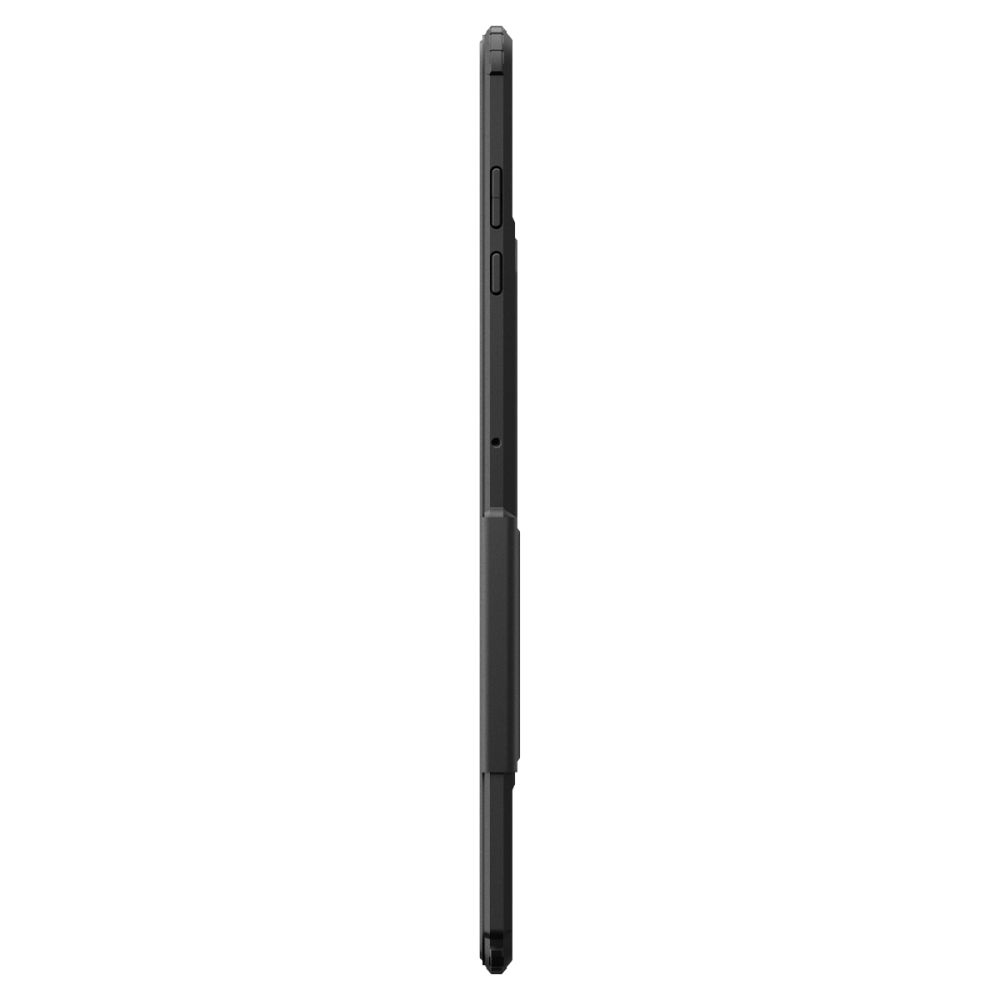 Vue latérale d'une coque de tablette noire avec boutons et ports sur fond blanc.