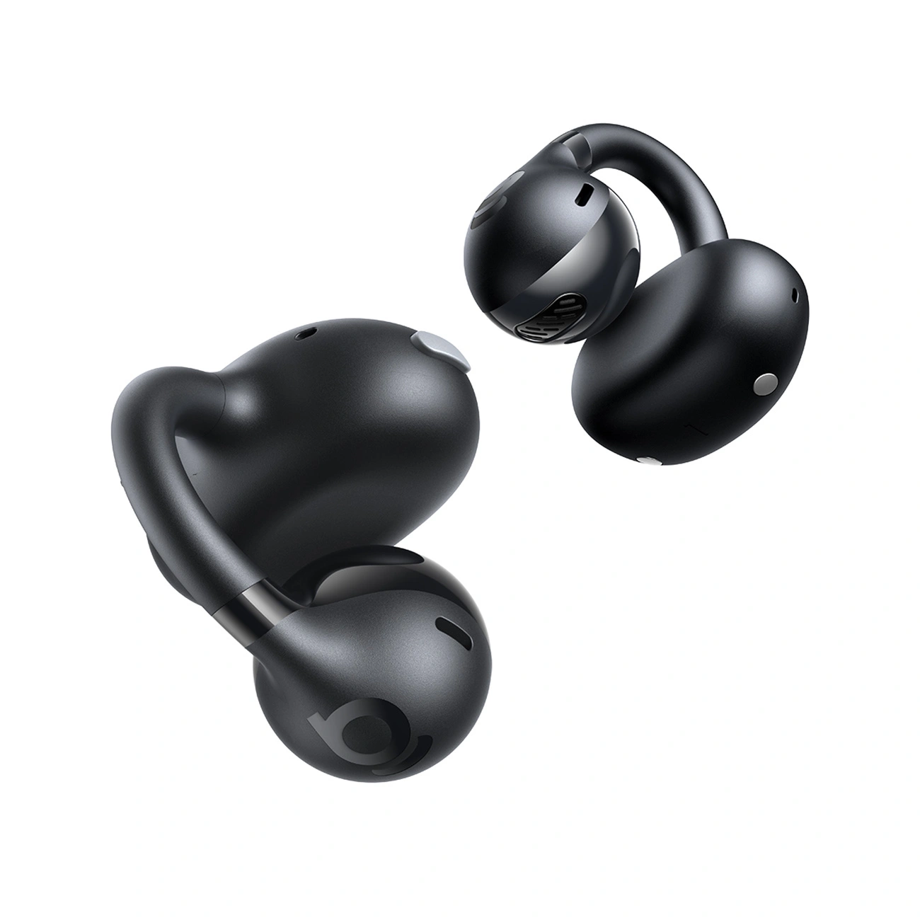 Due auricolari wireless neri open-ear con gancio per l'orecchio su sfondo bianco.