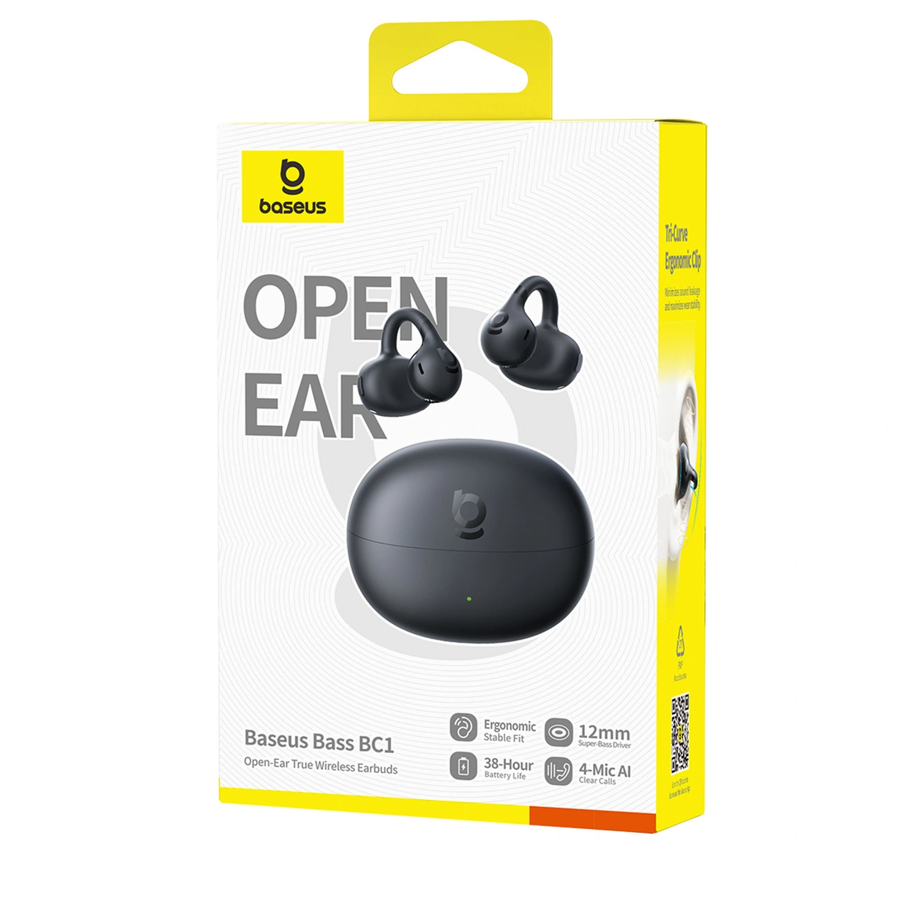 Scatola di auricolari wireless Baseus Bass BC1 con custodia di ricarica nera e due auricolari clip.