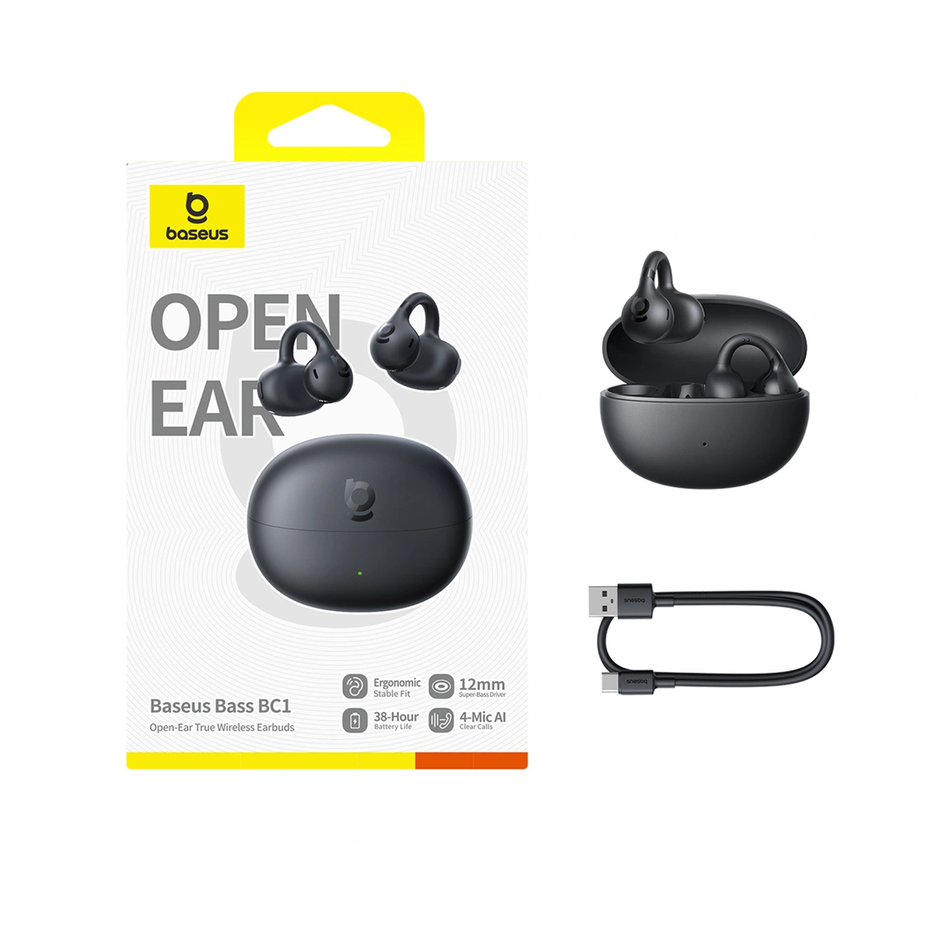 Auricolari wireless open-ear Baseus Bass BC1 in confezione, con custodia e cavo.
