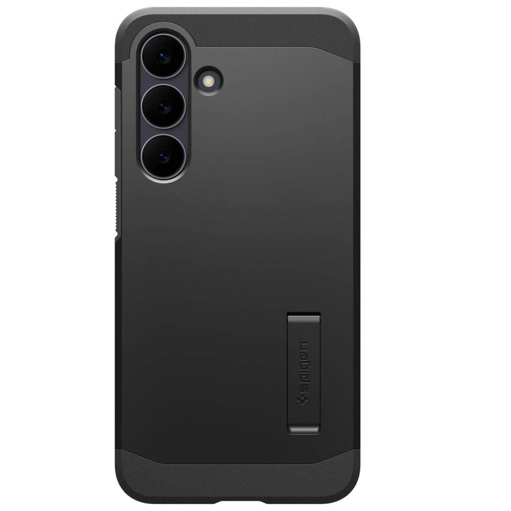 Una custodia per smartphone nera con tripla fotocamera verticale, flash e un piccolo supporto.