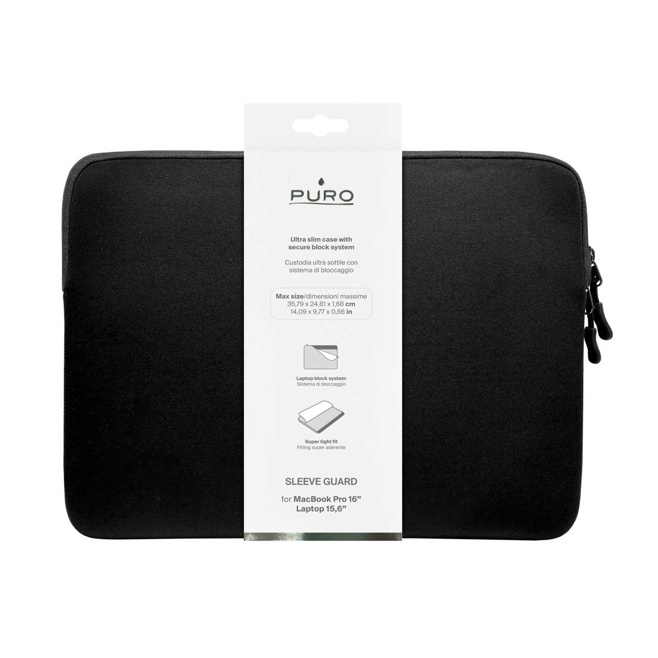 Schwarze Laptop-Hülle mit weißer Verpackungsbanderole und Produktdetails von Puro.