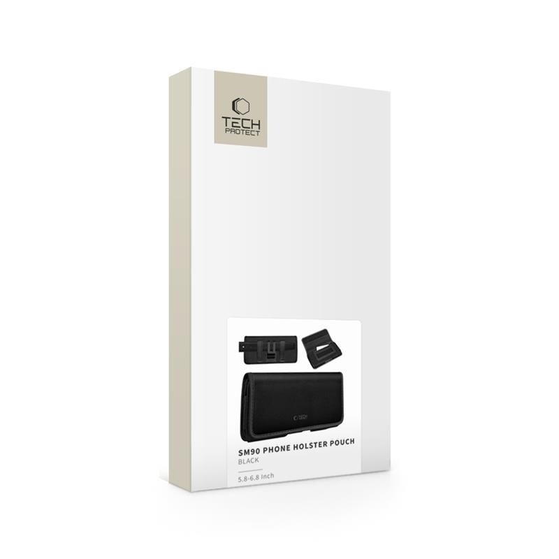 Eine weiße Tech-Protect Produktverpackung für ein schwarzes SM90 Phone Holster Pouch.