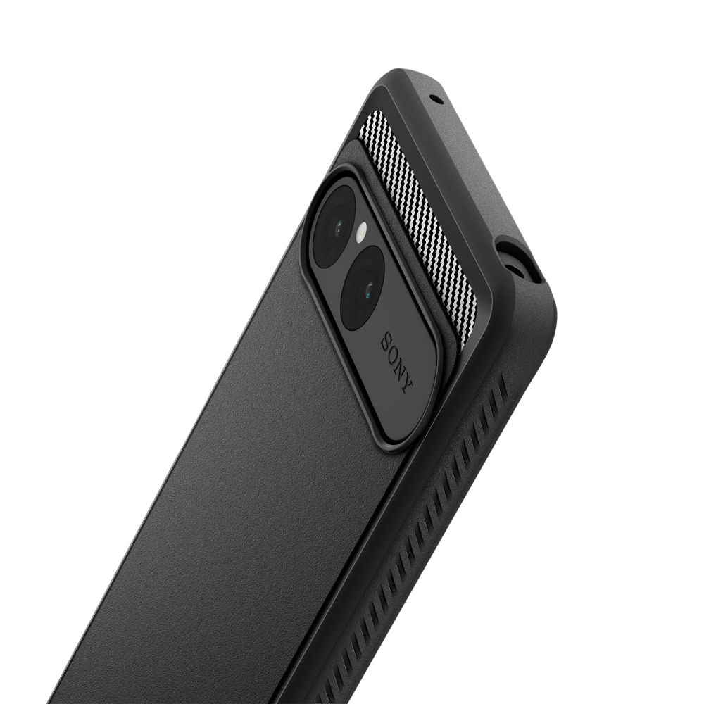 Una custodia nera per smartphone Sony con due fotocamere e dettaglio con trama su sfondo bianco.