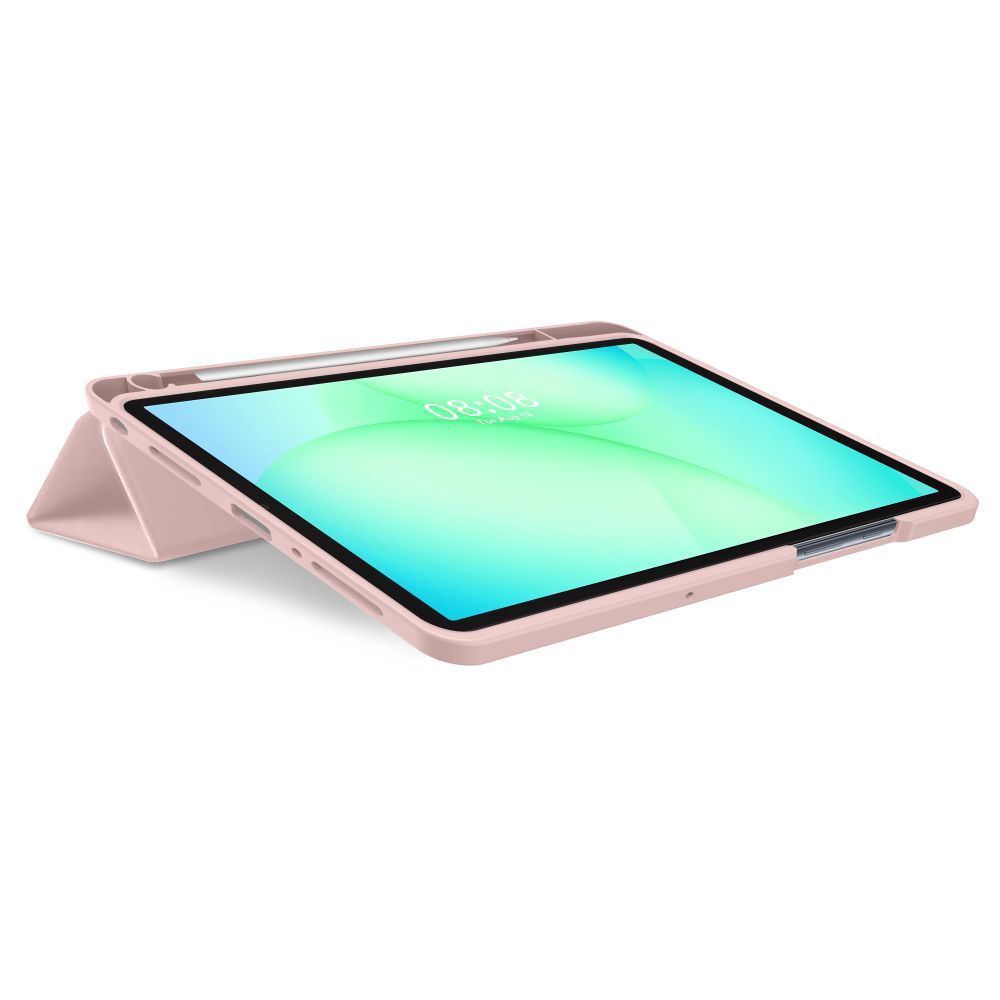 Una custodia rosa per tablet con un tablet e una penna stilo all'interno, su sfondo bianco.