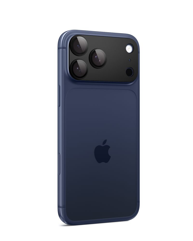 Retro di uno smartphone blu con tripla fotocamera e logo Apple.