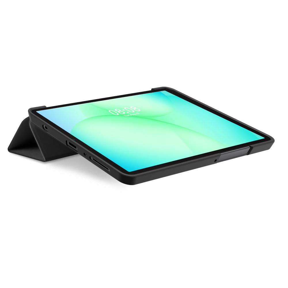Un tablet nero in custodia protettiva su sfondo bianco mostra uno schermo verde brillante.