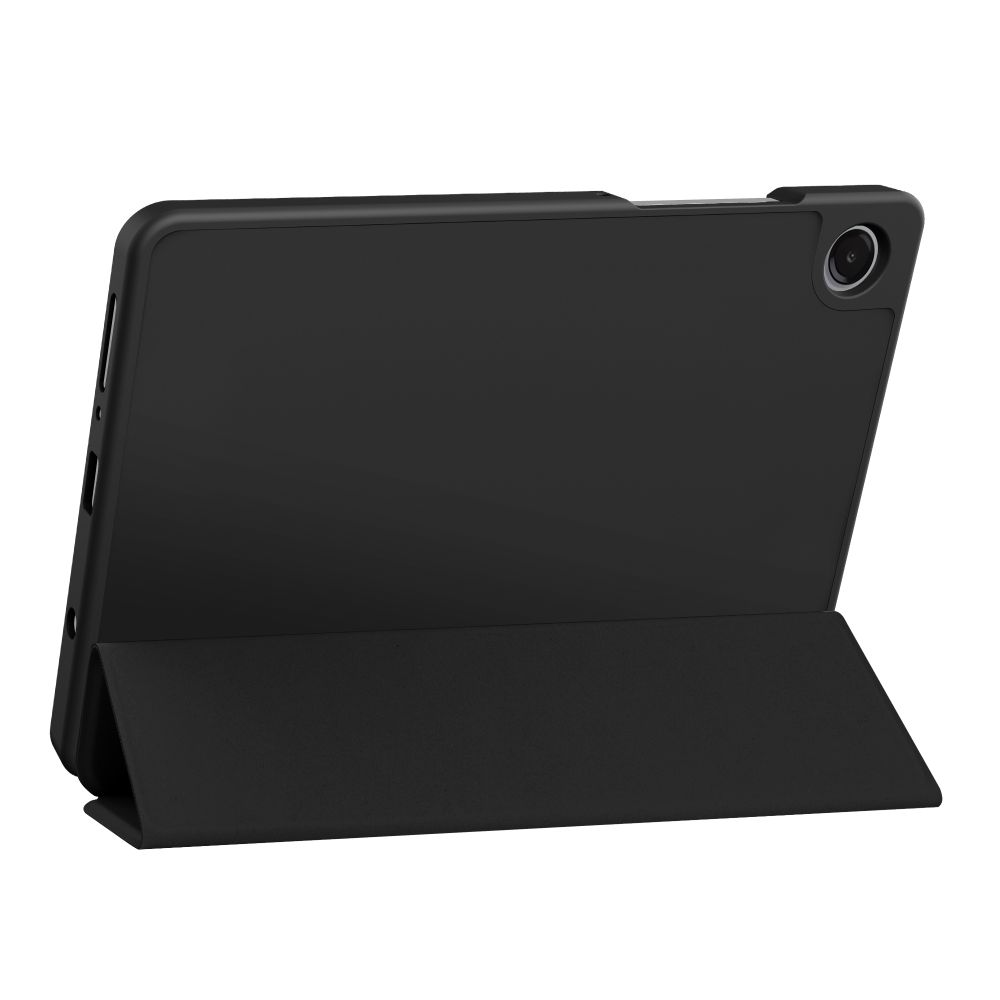Un tablet nero in una custodia protettiva su sfondo bianco.
