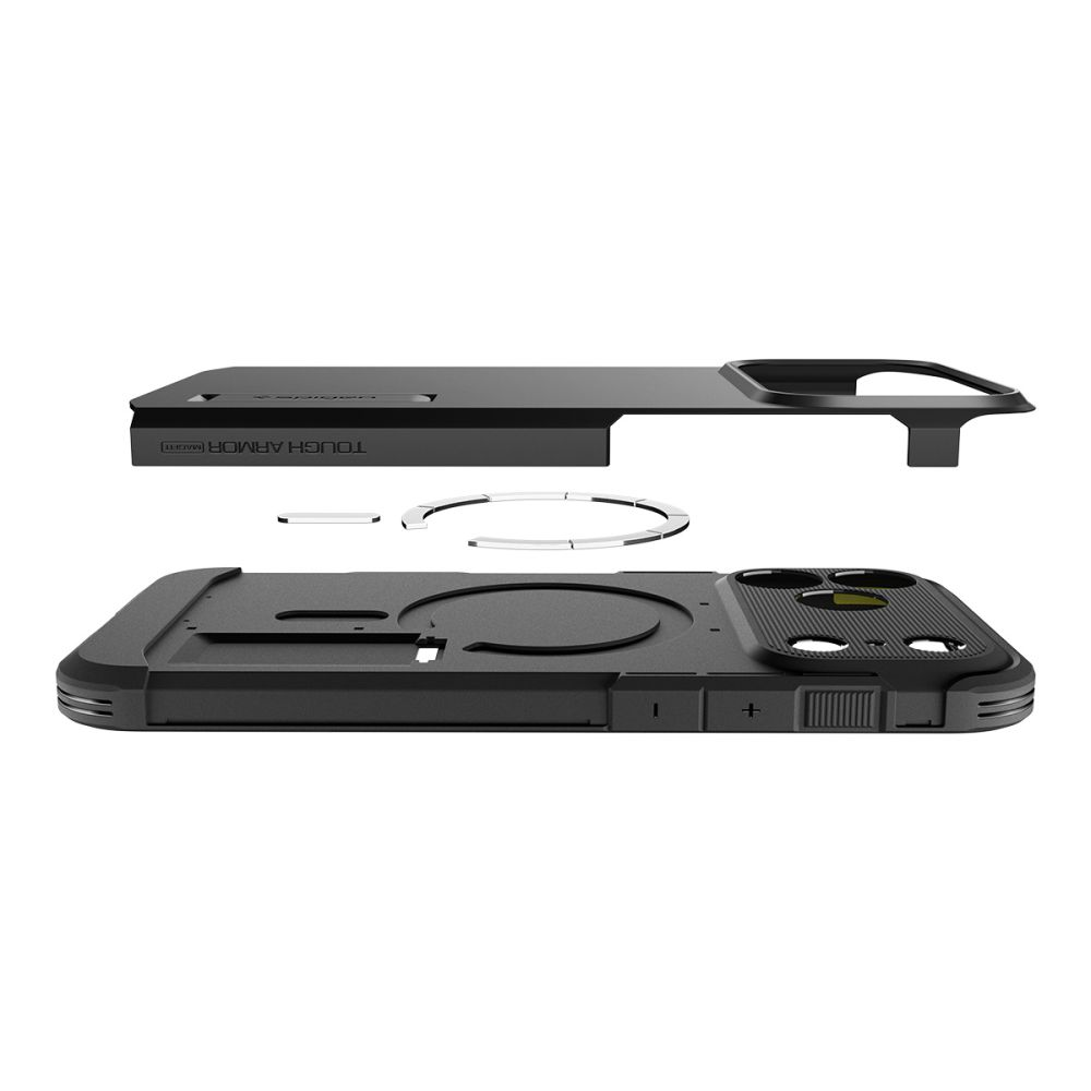 Vista esplosa di una custodia per telefono Tough Armor nera con anello integrato e pannello posteriore rimovibile.