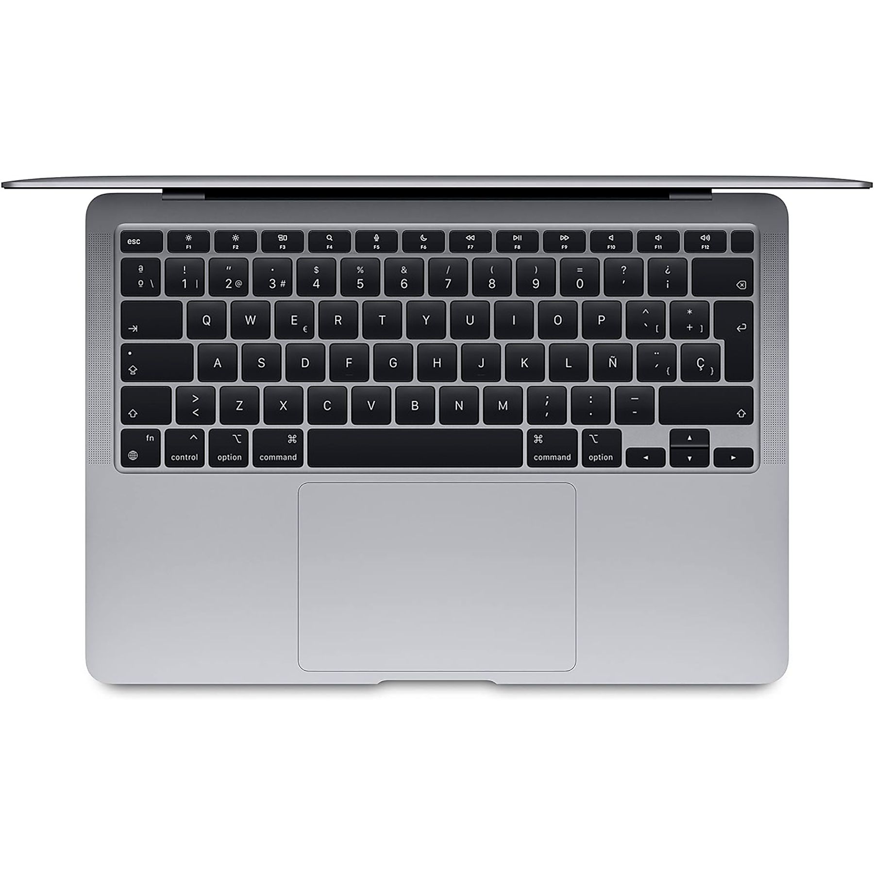 Vista superior de un portátil gris con teclado en español y un gran panel táctil.