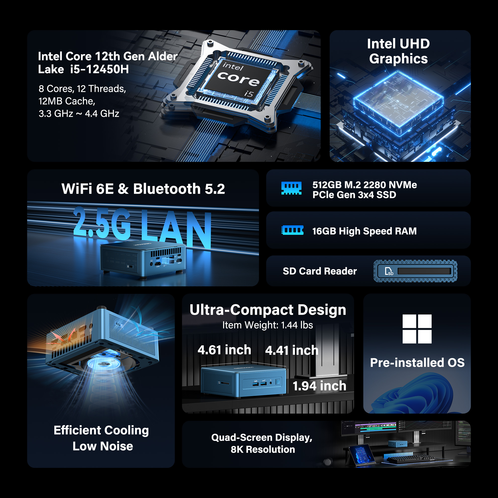 Especificaciones técnicas de un mini PC azul con Intel Core i5 y SSD.