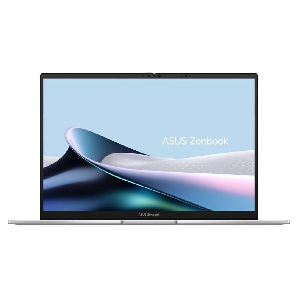 Mavi soyut duvar kağıdı ve marka logosu gösteren gümüş renkli bir ASUS Zenbook dizüstü bilgisayar.