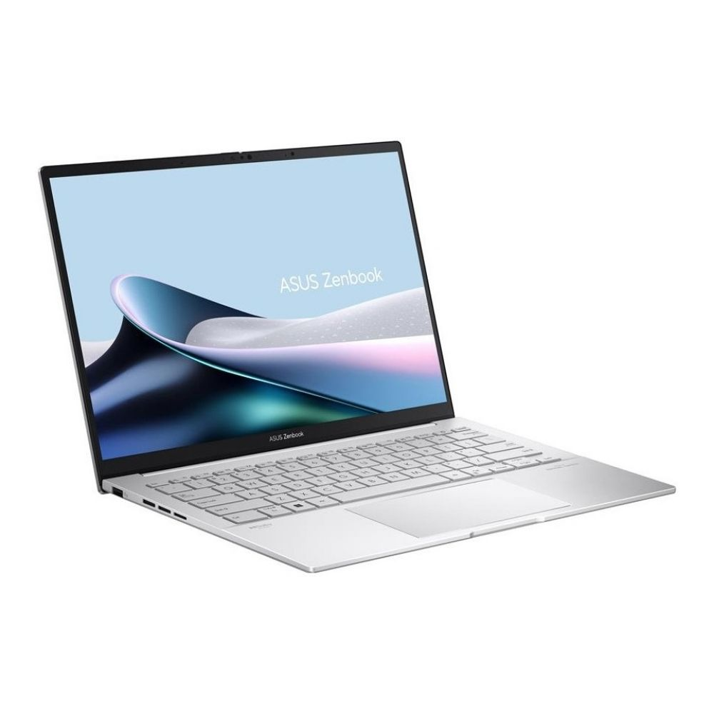 Beyaz arka planda açılı görünen açık gümüş renkli ASUS Zenbook dizüstü bilgisayar.