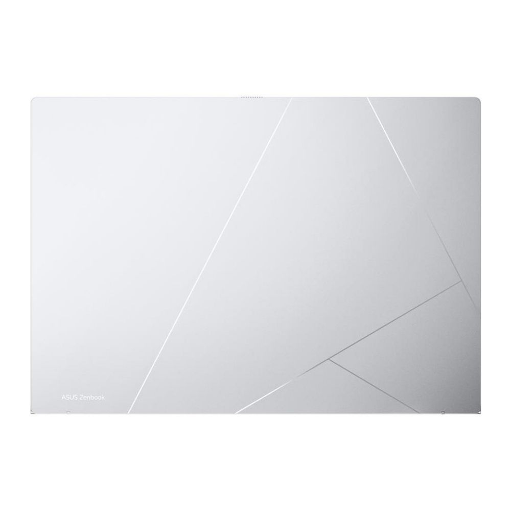 Açık arka planda geometrik çizgi desenli gümüş renkli ASUS Zenbook dizüstü bilgisayar kapağı.