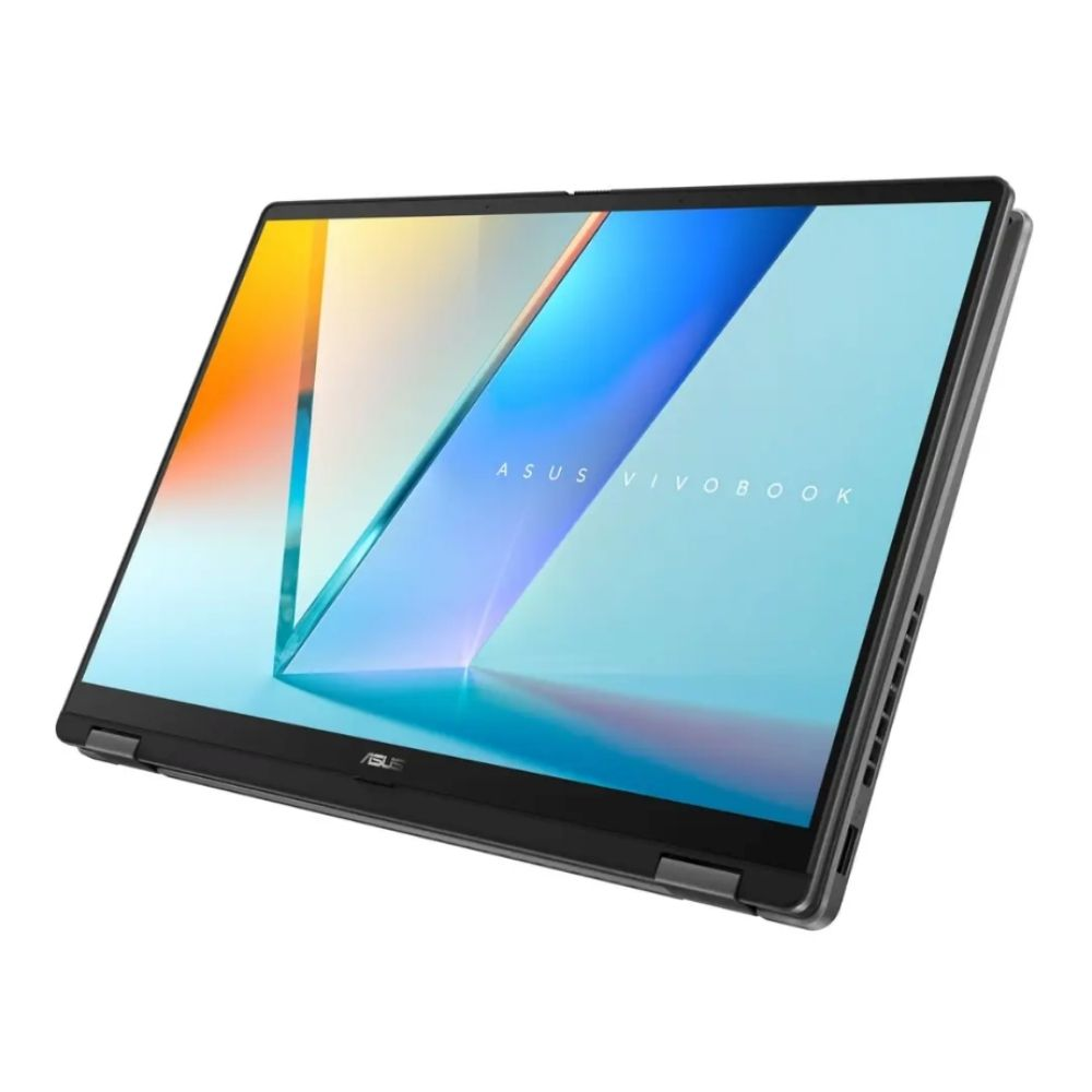 Ekranında renkli bir arka plan bulunan, beyaz arka planda hafifçe açılı duran bir ASUS VivoBook dizüstü bilgisayar.