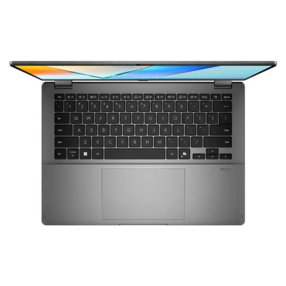 QWERTY klavyesi, izleme dörtgeni ve ekranı görünen gri bir dizüstü bilgisayar.