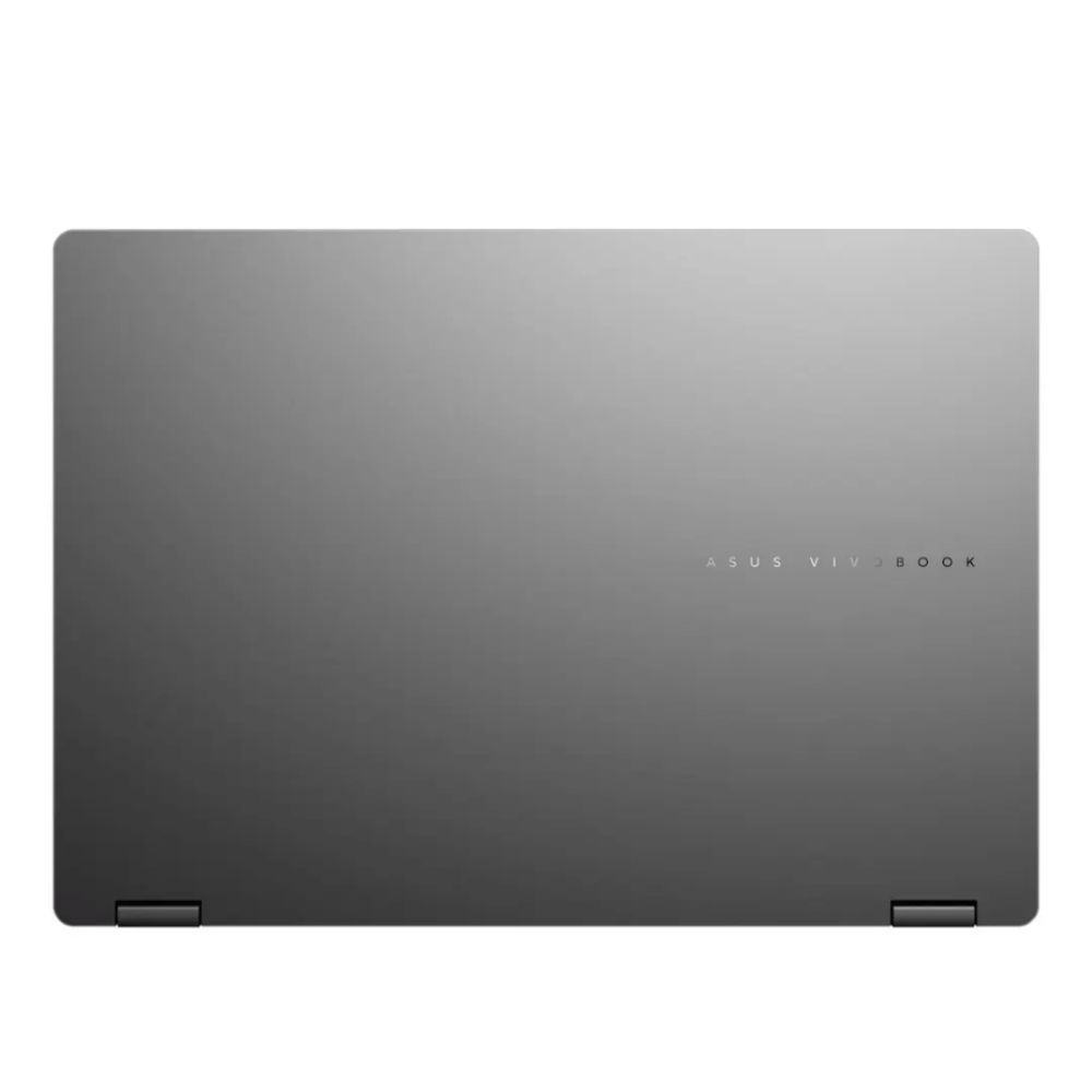 Kapalı gri Asus Vivobook dizüstü bilgisayar kapağında beyaz arka planda şirket logosu görülüyor.