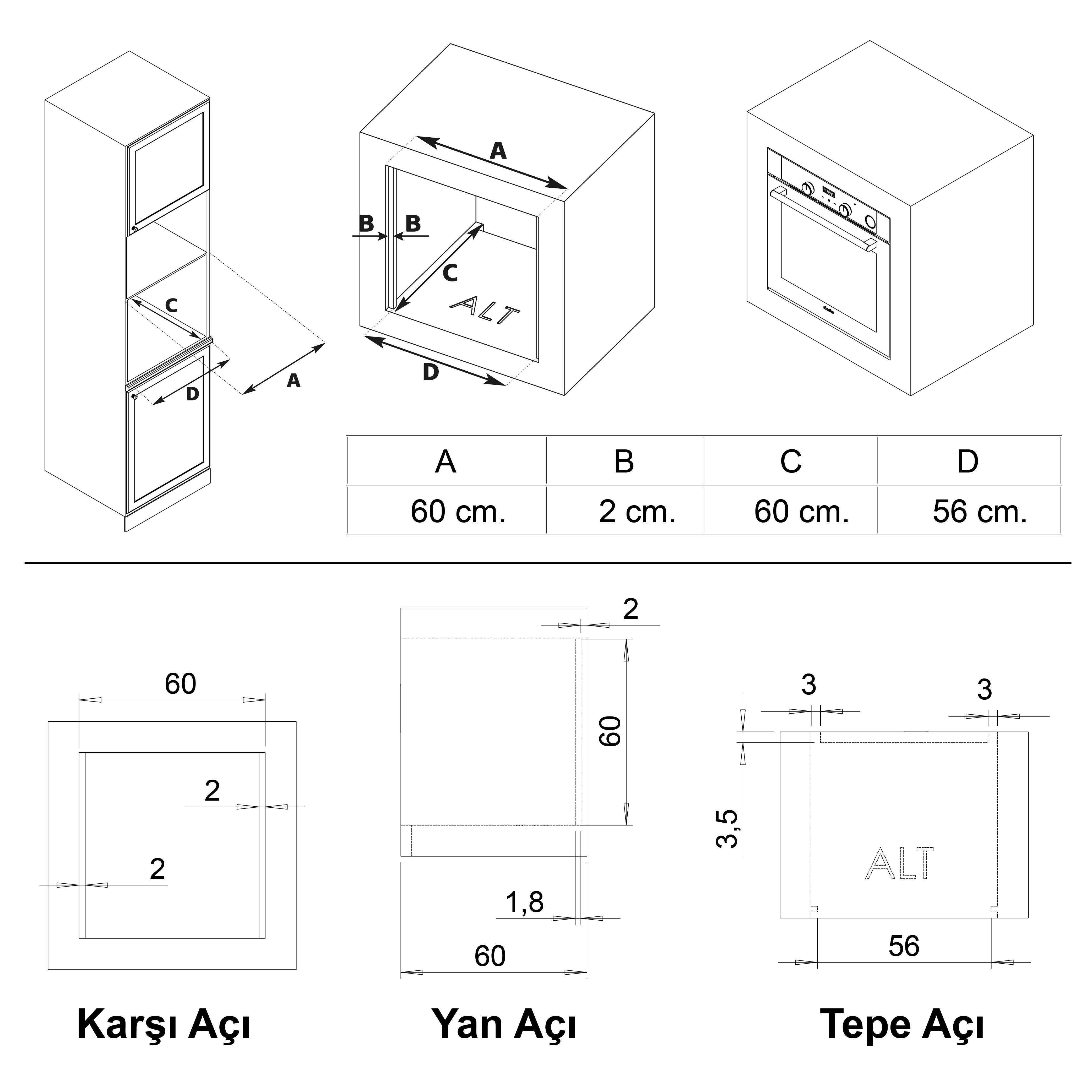 Ölçüleri ve 3D görünümleri olan mutfak mobilyası teknik resmi.