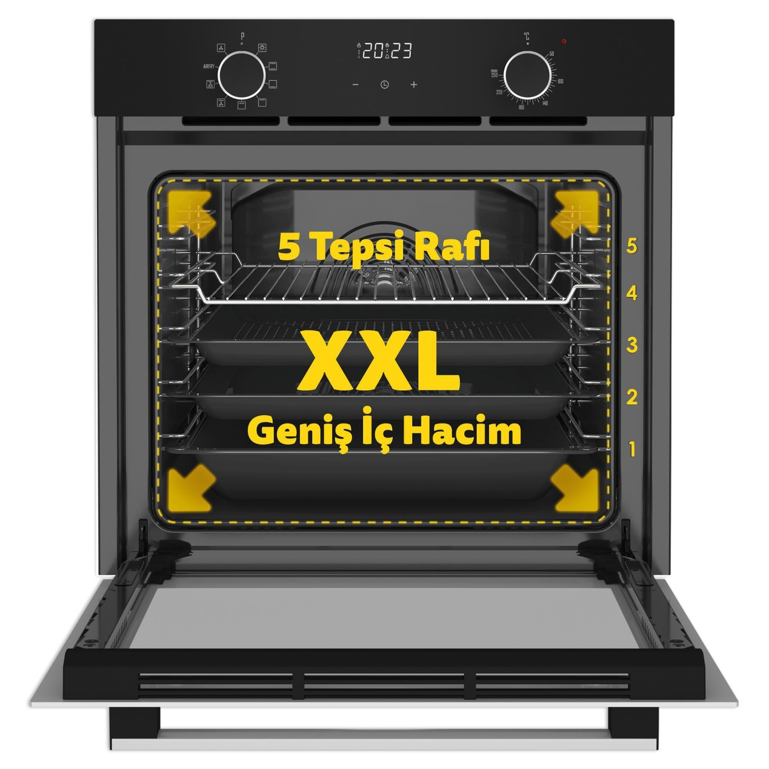 XXL iç hacme, beş tepsi raflı ve dijital ekranlı açık siyah ankastre fırın.