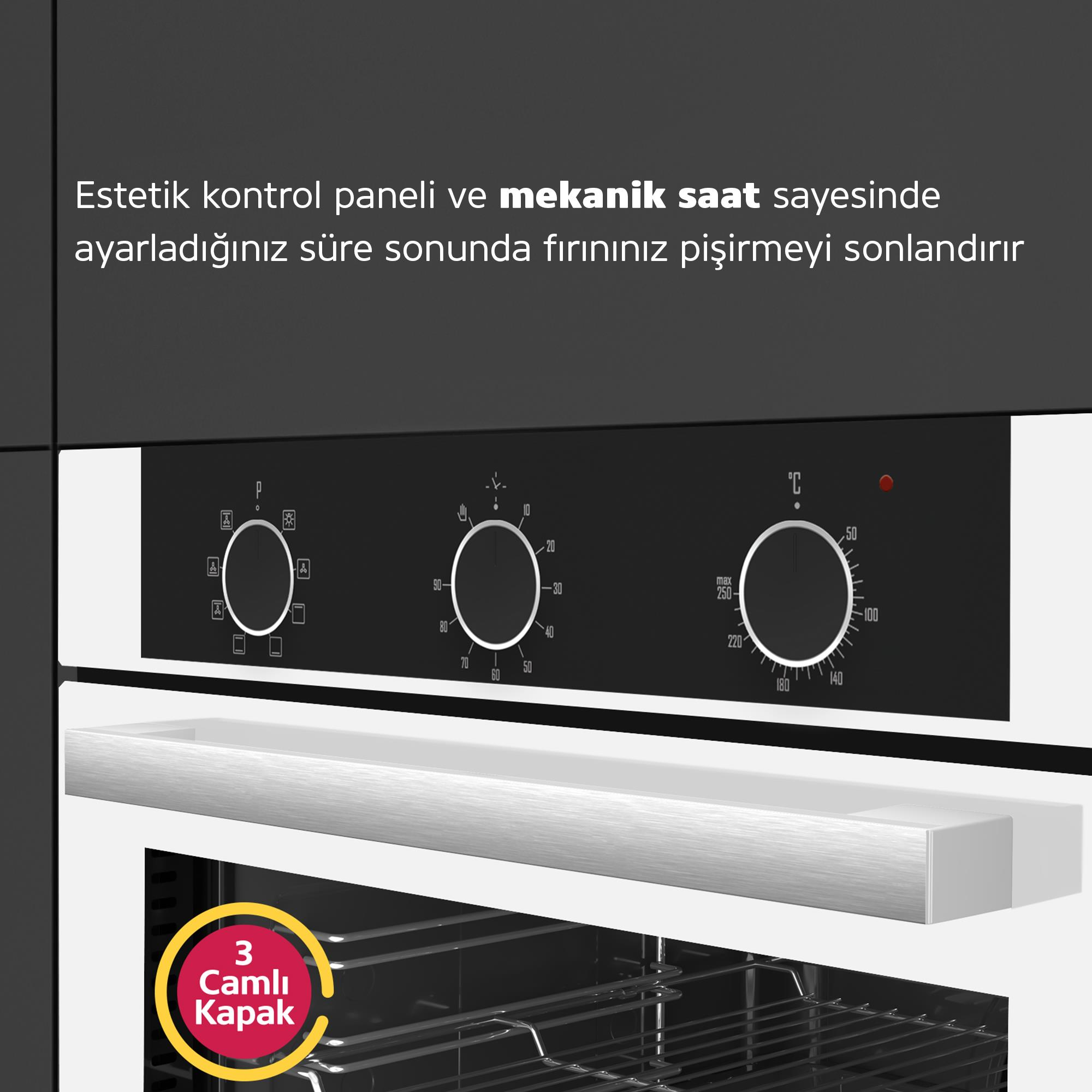 Üç döner düğmeli ve metal kulplu modern fırın kontrol paneli.