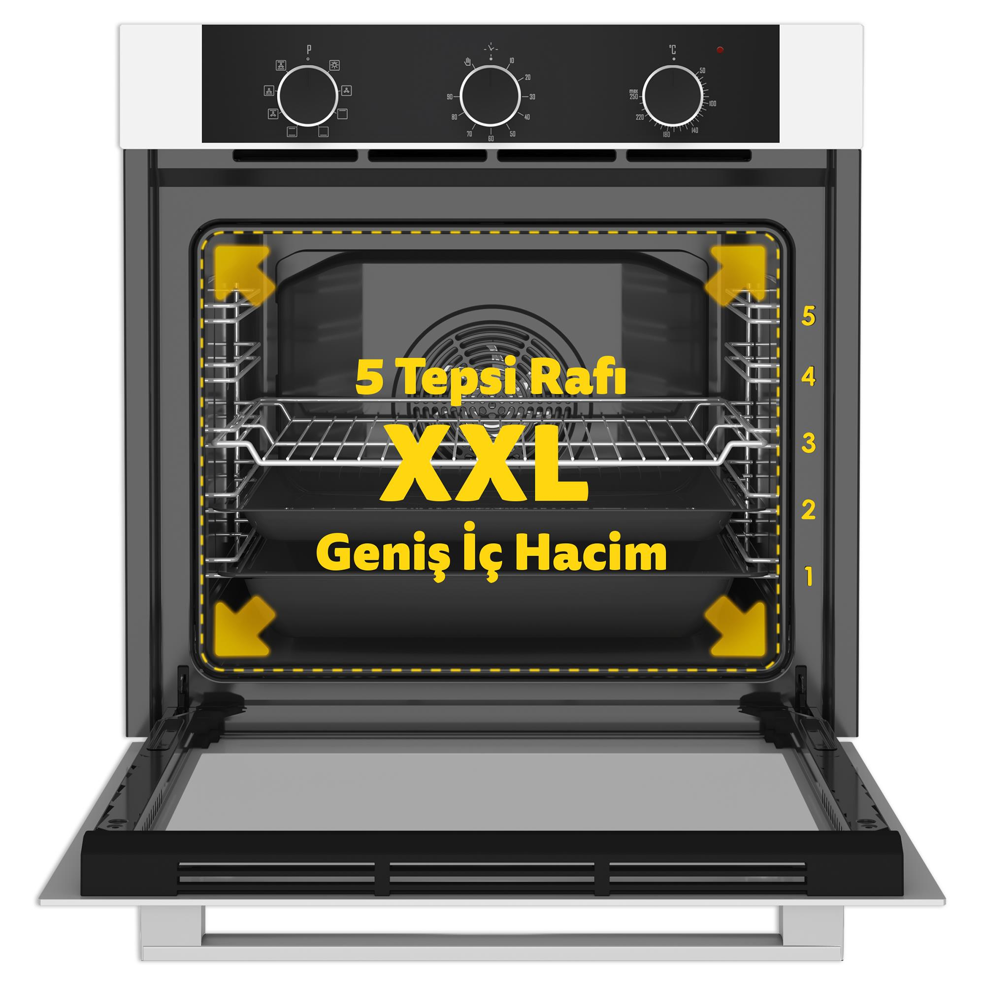 XXL iç hacimli ve 5 tepsi raflı açık fırın.
