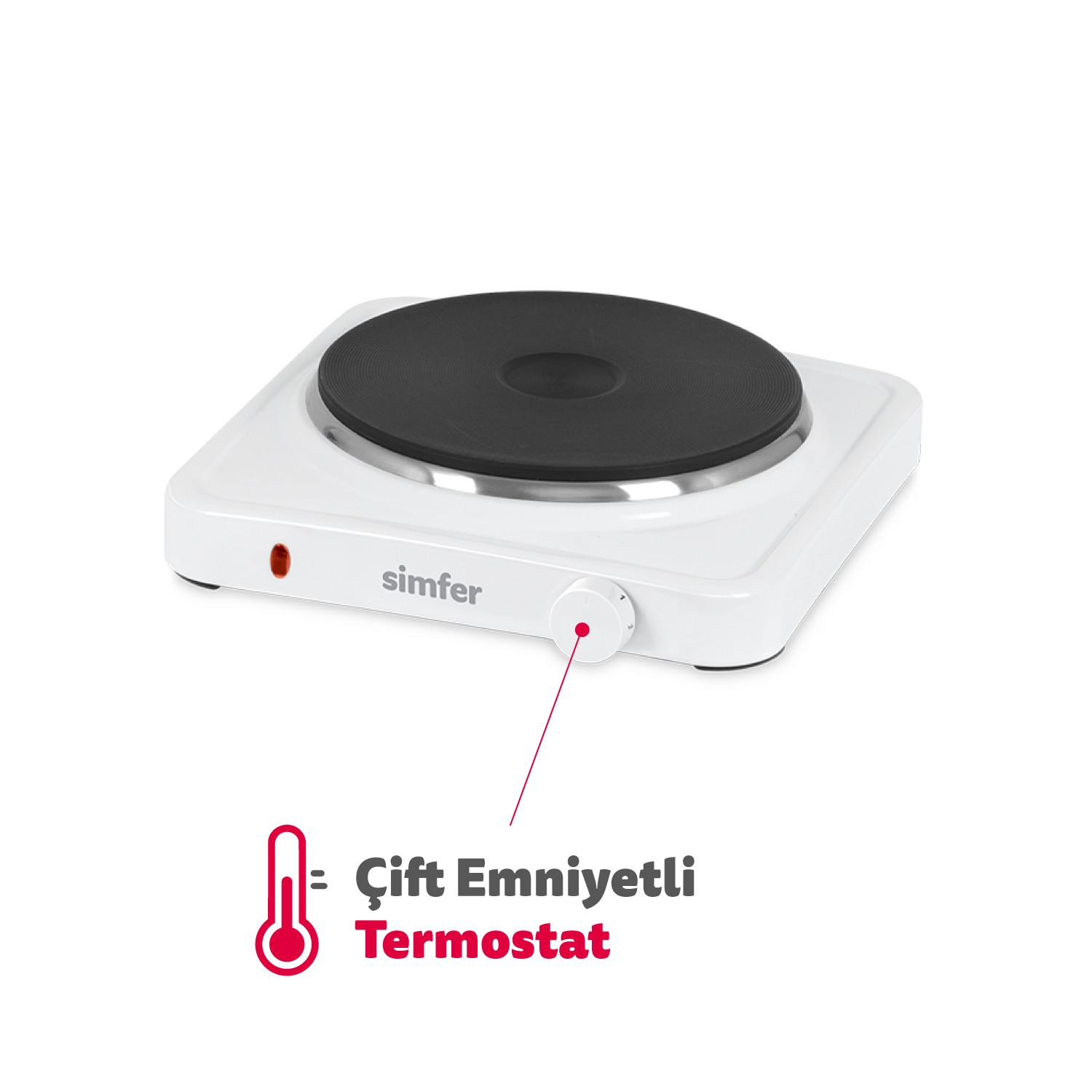 Siyah brülörlü, kontrol düğmeli ve çift emniyetli termostatı belirten simgeli beyaz tekli ocak.