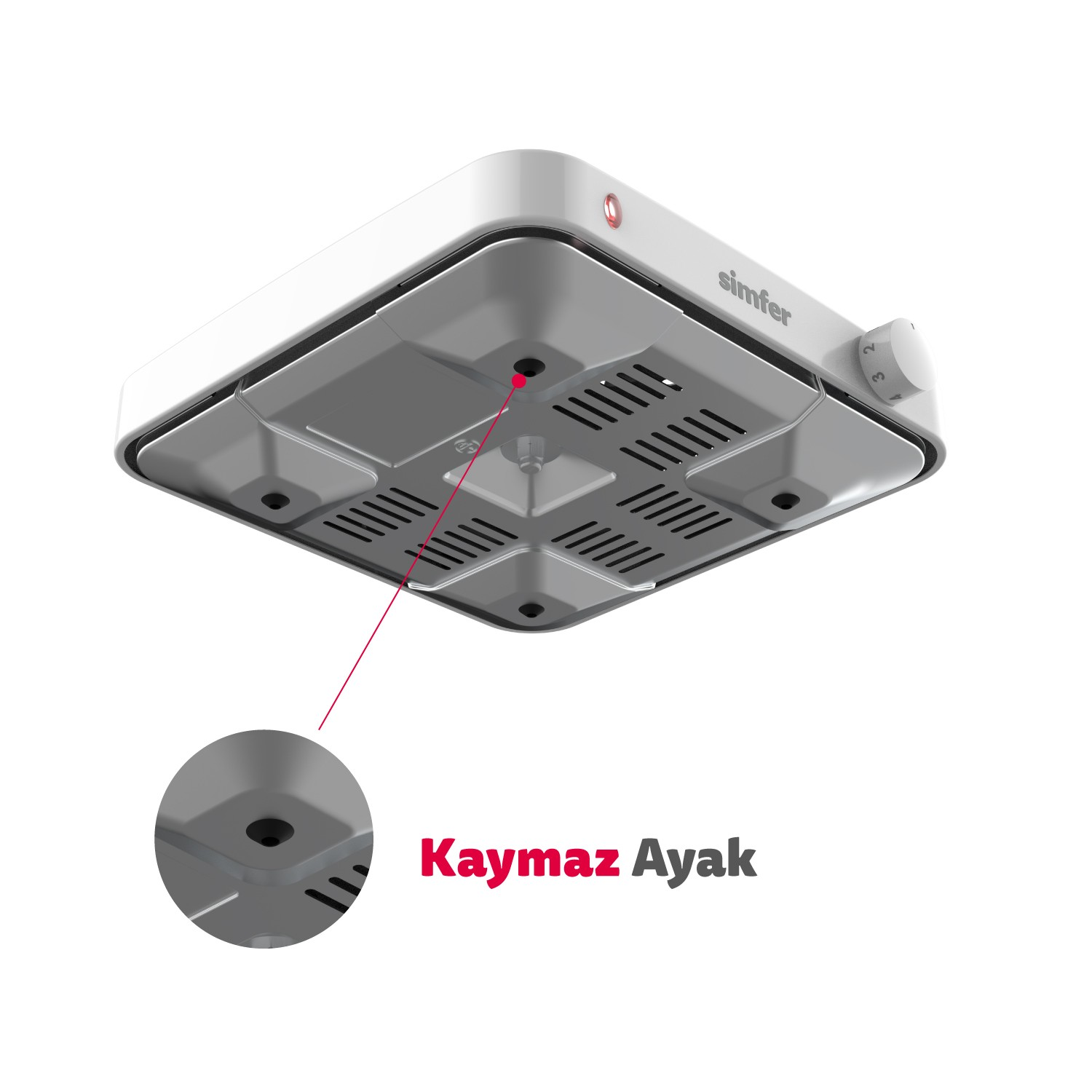 Kaymaz ayak detayını büyüteç içinde gösteren Simfer ısıtıcının alt kısmı.