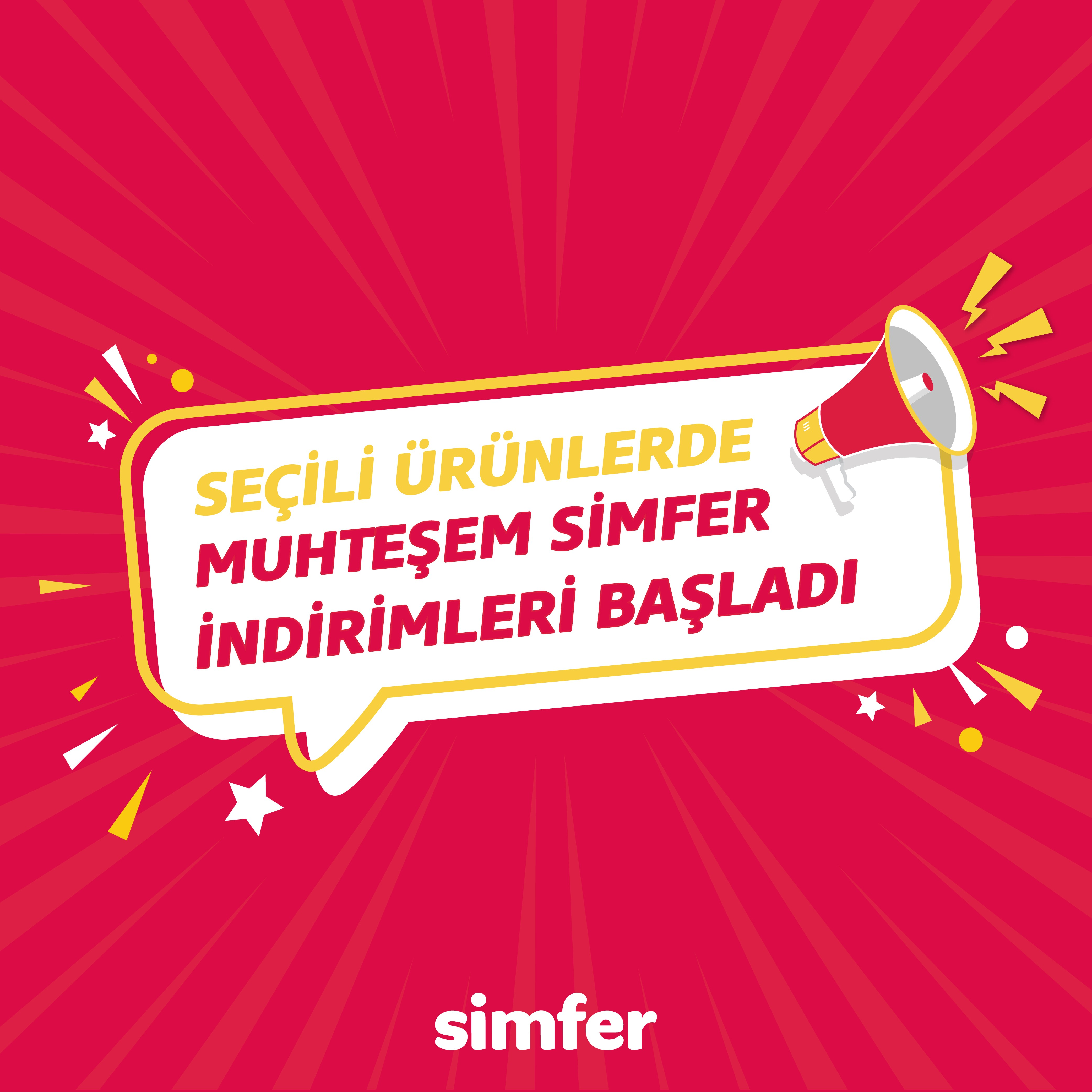 Konuşma balonlu, megafonlu ve sarı Simfer indirim yazılı kırmızı arka plan.