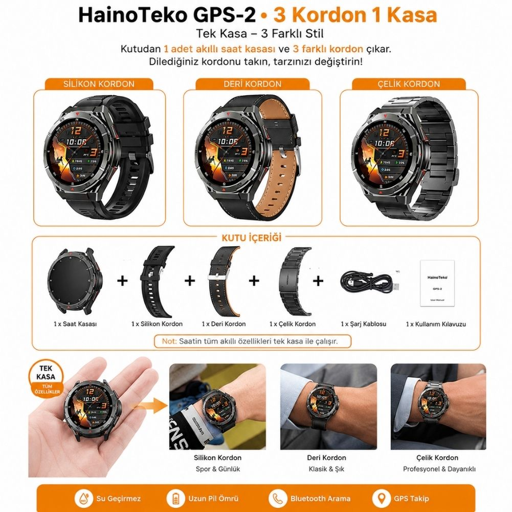 Tek kasa ve silikon, deri ile çelik olmak üzere üç farklı kordon içeren HainoTeko GPS-2 akıllı saat seti.