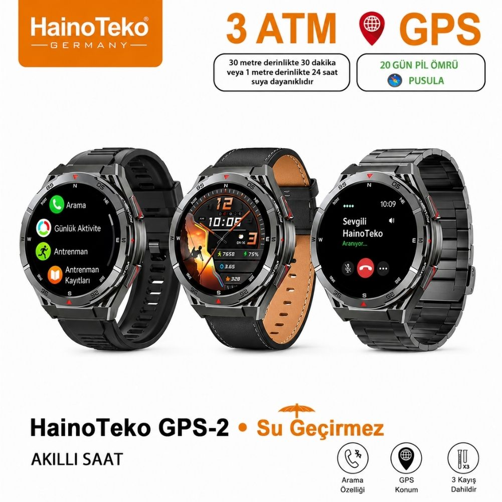 Beyaz arka planda farklı kayışlara ve dijital ekranlara sahip üç HainoTeko GPS-2 akıllı saat.