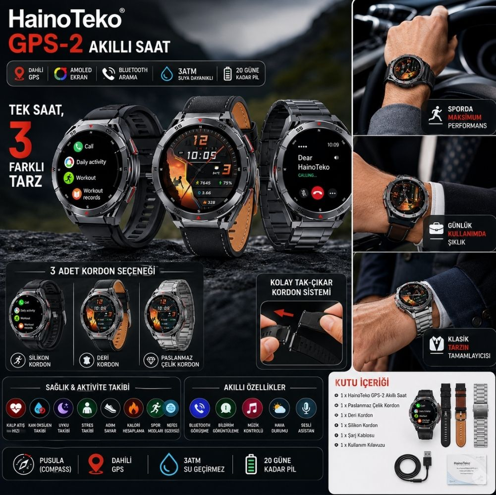 Üç tarz, özellik, kordon seçeneği ve kutu içeriğini gösteren HainoTeko GPS-2 akıllı saat reklamı.