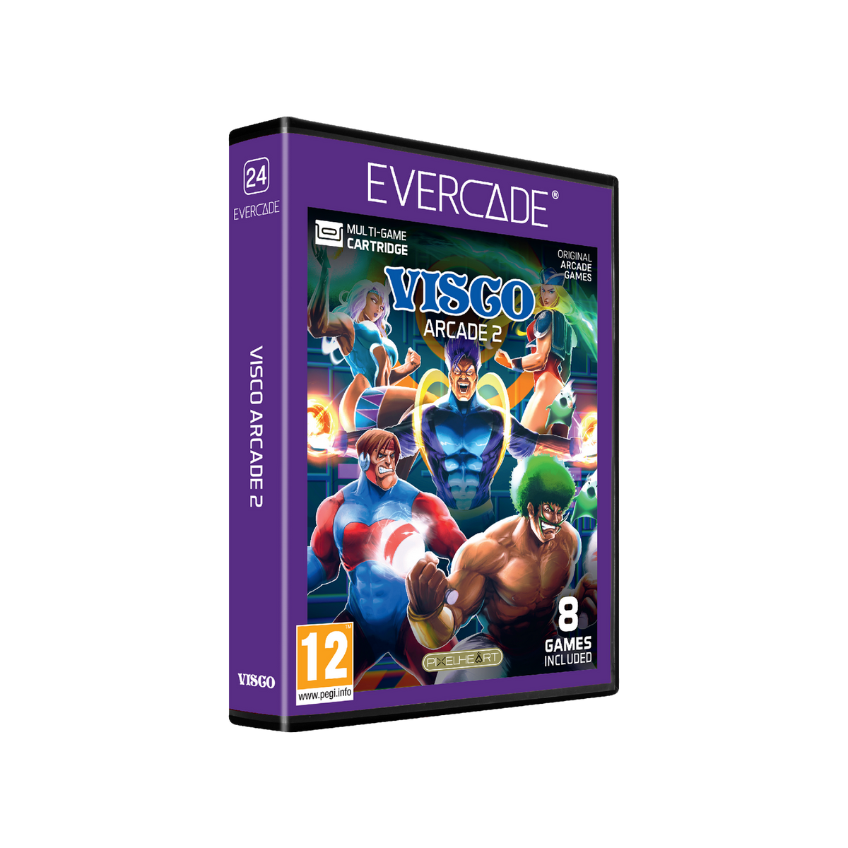 Caja de videojuego Evercade Visco Arcade 2 con cubierta morada y personajes anime.
