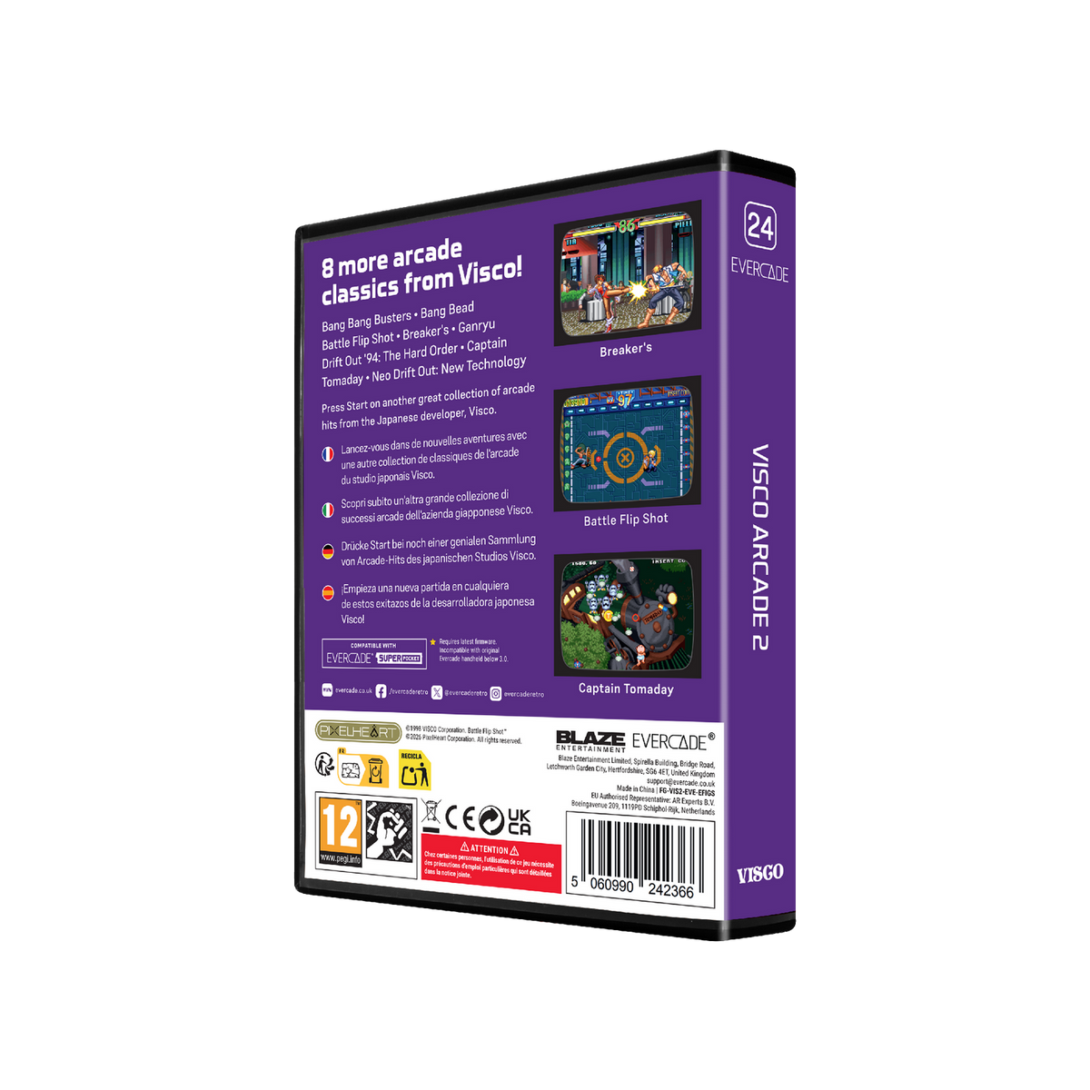 Caja de juego Evercade morada para Visco Arcade 2 con capturas de pantalla y títulos en la parte posterior.
